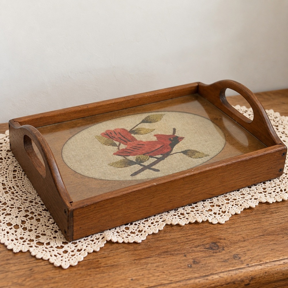 Vintage Asheville NC Cardinal Needlepoint Wood Glass Tray Cottage Colonial Decor